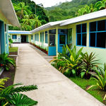 ** A modern hospital in Port Vila, Vanuatu. Focus on the contrast between the modern facility and lush tropical surroundings. Include medical staff (doctors, nurses) attending to patients. Emphasize cleanliness and technology.

**