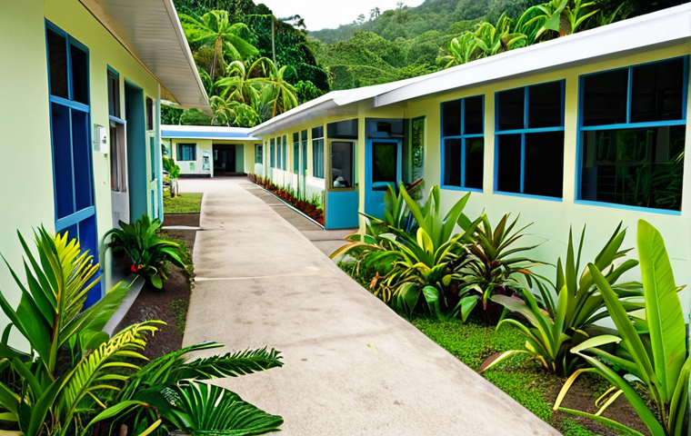 ** A modern hospital in Port Vila, Vanuatu. Focus on the contrast between the modern facility and lush tropical surroundings. Include medical staff (doctors, nurses) attending to patients. Emphasize cleanliness and technology.

**