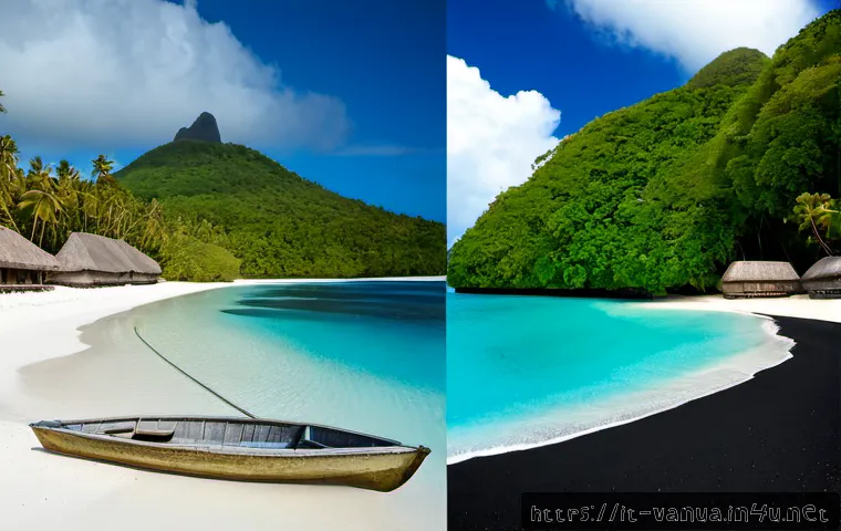Home 9 바누아투와 프랑스령 폴리네시아 차이 - Photorealistic split-scene travel comparison, left side a rugged volcanic island in Vanuatu with a t...