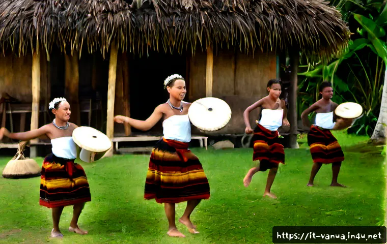 Home 13 바누아투 전통 음악과 춤 - Photorealistic cultural performance in a Vanuatu island village at golden hour, adult Ni-Vanuatu dan...
