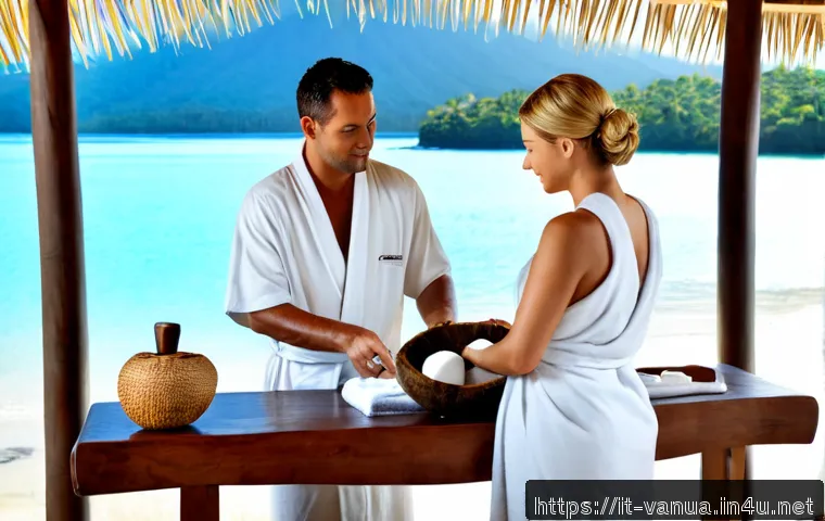 Home 14 바누아투의 스파 및 마사지 추천 - Photorealistic luxury island spa in Vanuatu, serene treatment pavilion overlooking a turquoise tropi...